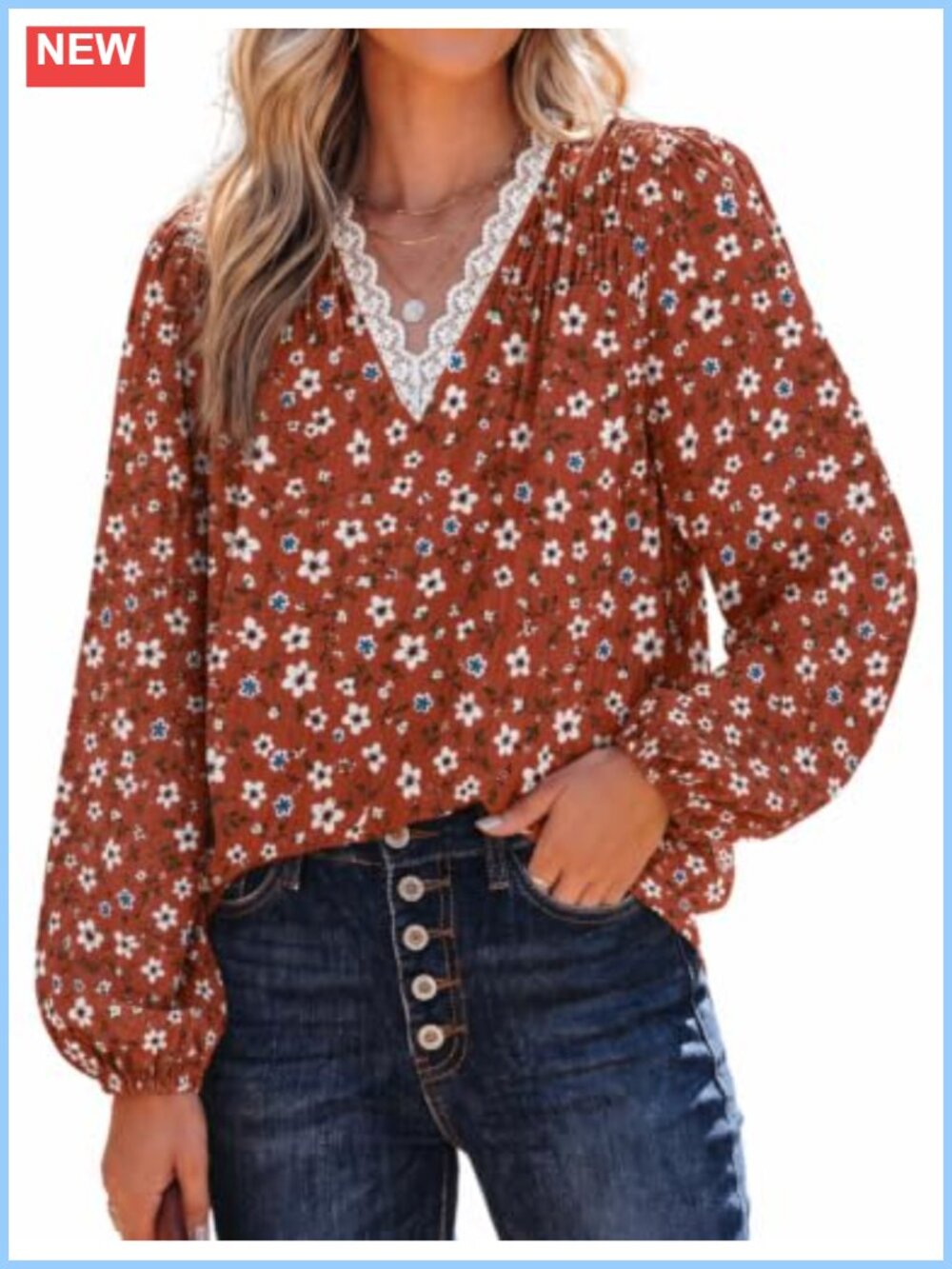 Women's Floral Lace V-Neck Long Sleeve Chiffon Blouse